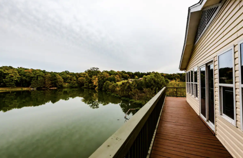 A serene view of a lake from a wooden deck, surrounded by lush greenery and a cloudy sky.