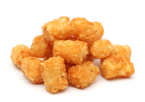 A pile of golden-brown, crispy tater tots on a white background.
