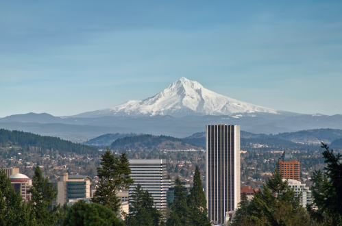 A panoramic view of a city skyline with a snow-capped mountain in the background under a clear blue sky.