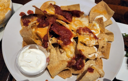 A plate of nachos topped with melted cheese, salsa, and a side of sour cream.