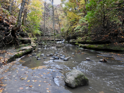 A serene river flows through a rocky canyon, surrounded by trees with autumn foliage.