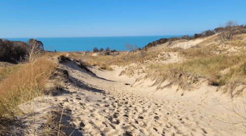 A sandy path winds through grass-covered dunes, leading to a calm blue lake under a clear sky.