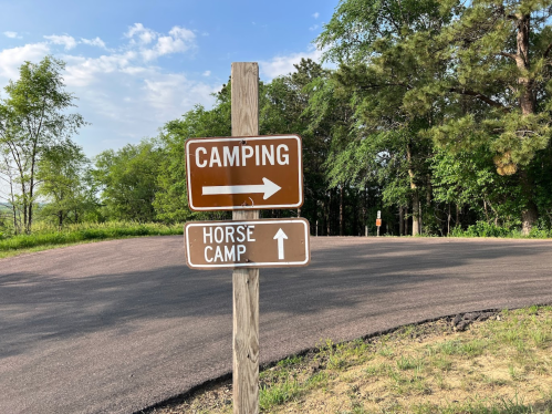 Brown signs on a wooden post indicate directions for camping and horse camp along a winding road.