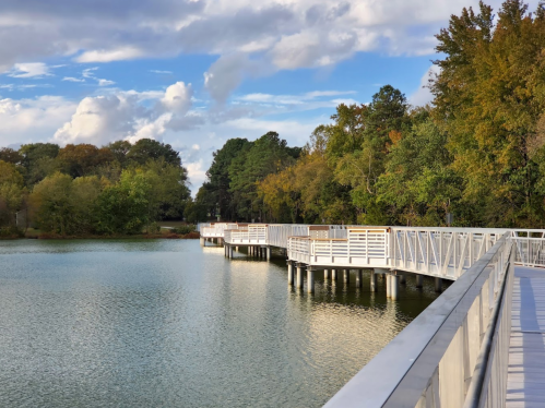 A wooden boardwalk extends over a calm lake, surrounded by trees and a blue sky with scattered clouds.