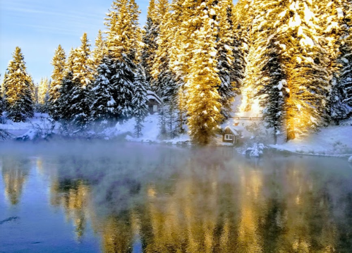 A serene winter scene with snow-covered trees reflecting in a misty river, illuminated by golden sunlight.