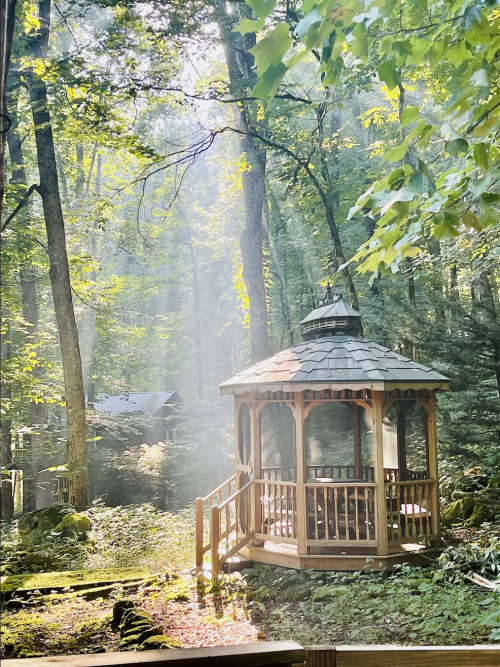 A wooden gazebo surrounded by tall trees, with sunlight streaming through the forest, creating a serene atmosphere.