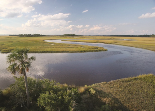 A scenic view of a winding river through lush marshland under a partly cloudy sky.