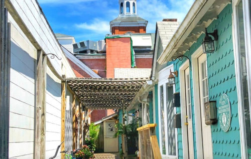 A charming alleyway lined with colorful buildings and a blue sky above, featuring a pergola and potted plants.