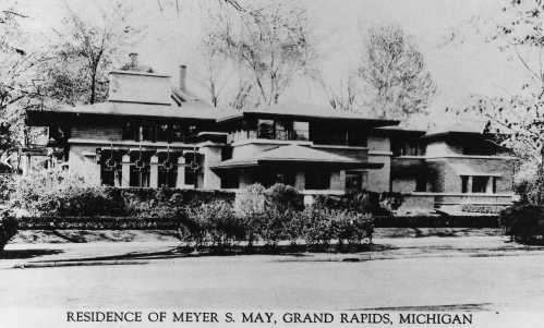 Historic black-and-white photo of the Meyer S. May residence in Grand Rapids, Michigan, showcasing its architectural design.