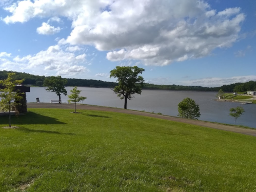 A serene lake view with green grass, trees, and fluffy clouds under a blue sky.