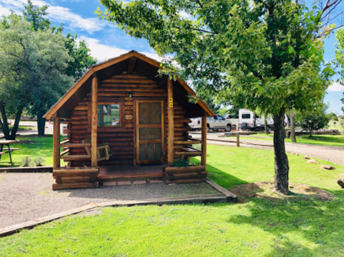 A cozy log cabin surrounded by green grass and trees, with picnic tables and RVs in the background.