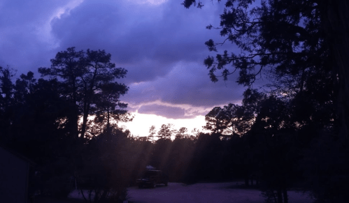 A serene landscape at dusk, featuring dark clouds and trees silhouetted against a fading purple sky.