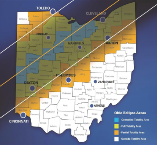 Map of Ohio showing eclipse areas: full totality, partial totality, and outside totality regions, with major cities labeled.