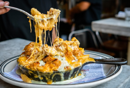 A person lifts a forkful of cheesy pasta from a bubbling, golden-brown baked dish on a plate.