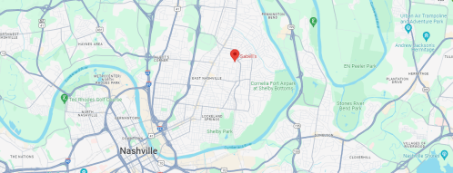 Map of Nashville highlighting the location of Sadel's in East Nashville, near Shelby Park and the Cumberland River.