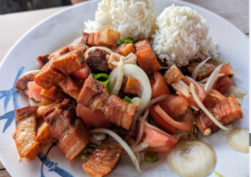 A plate of crispy pork belly served with rice, tomatoes, onions, and green onions.
