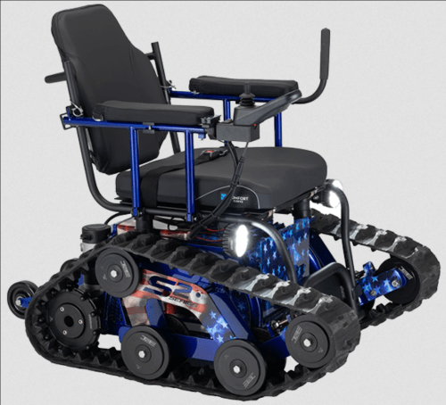 A blue and black all-terrain wheelchair with tracks, featuring a comfortable seat and armrests.