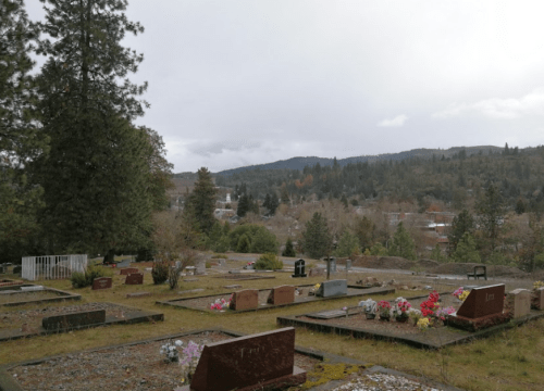 A serene cemetery with gravestones and flowers, set against a backdrop of trees and distant hills under a cloudy sky.