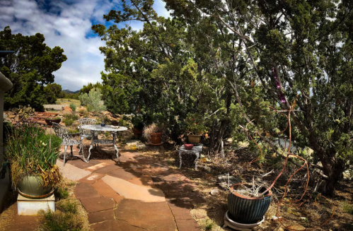 A serene garden scene with stone pathways, potted plants, and a metal table surrounded by trees under a cloudy sky.