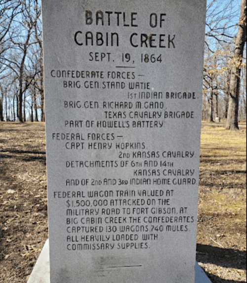 Stone monument detailing the Battle of Cabin Creek, September 19, 1864, listing Confederate and Federal forces involved.