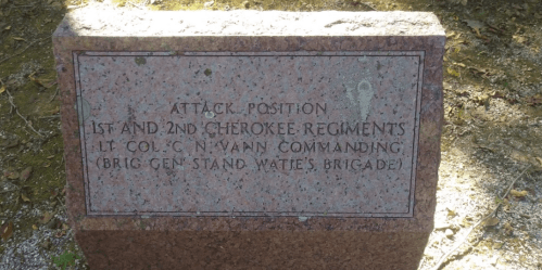 Granite marker detailing the attack position of the 1st and 2nd Cherokee Regiments, led by Lt. Col. C. N. Vann.