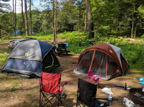 Two tents set up in a wooded campsite, with a picnic table and camping chairs nearby.