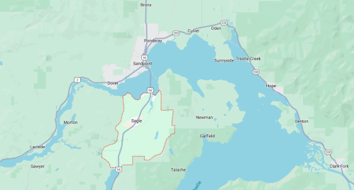 Map showing the area around Sagle, Idaho, including nearby towns and bodies of water.