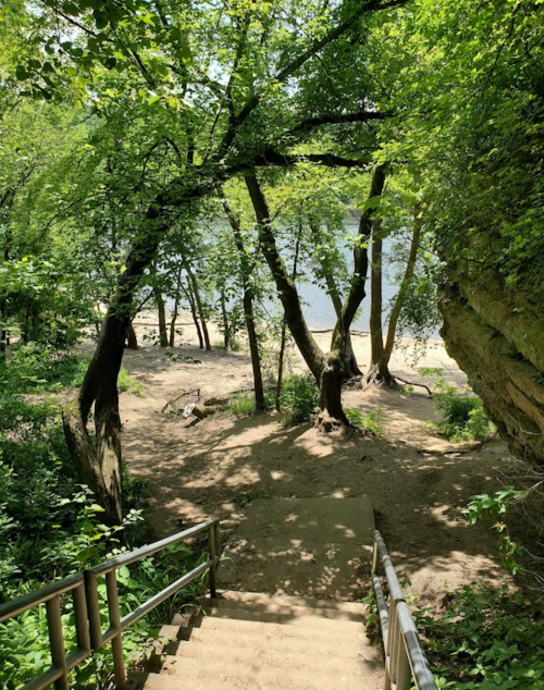 A staircase leads down through lush greenery to a sandy beach by a river, framed by trees.