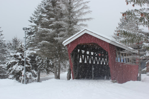 A red covered bridge surrounded by snow-covered trees in a snowy landscape. Snowflakes are falling gently.