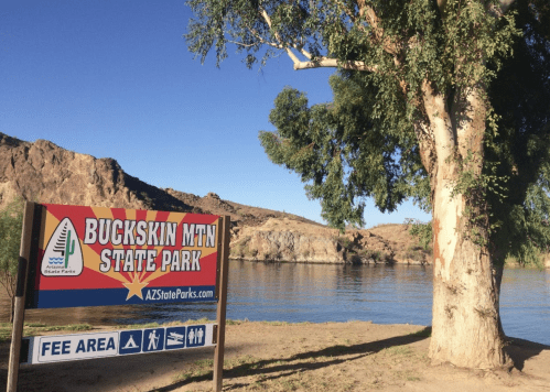 Sign for Buckskin Mountain State Park near a tree and water, with rocky hills in the background. Clear blue sky.