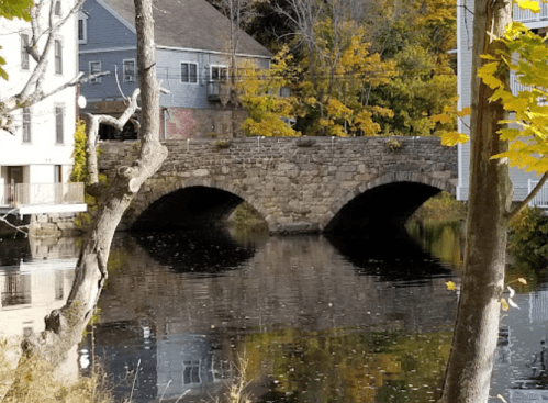 A stone bridge with two arches spans a calm river, surrounded by autumn foliage and buildings.