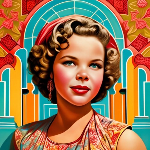 A stylized portrait of a young girl with curly hair, wearing a colorful dress, set against a vibrant, decorative background.