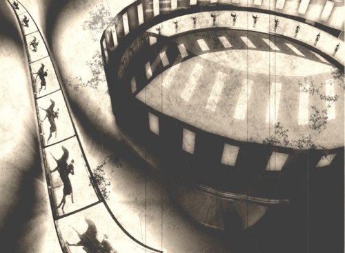 A surreal, monochromatic scene featuring a spiraling path with silhouettes of dancers and architectural elements.
