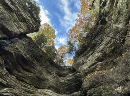 View looking up from a canyon, surrounded by steep rock walls and trees with autumn foliage against a blue sky.