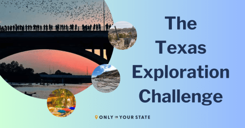 A sunset view of a bridge with people, surrounded by images of Texas landscapes, promoting the Texas Exploration Challenge.