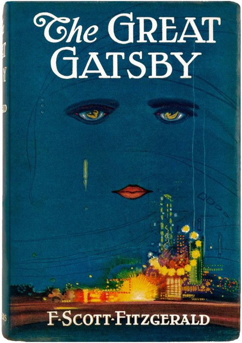 Cover of "The Great Gatsby" by F. Scott Fitzgerald, featuring a stylized face and a city skyline against a blue background.