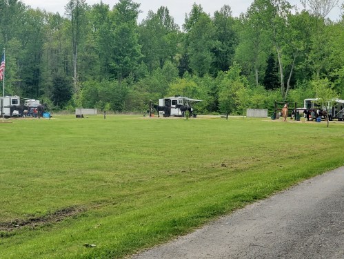 A grassy area with RVs parked, surrounded by trees, and people gathered near the vehicles.