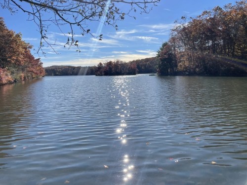 A serene lake reflecting sunlight, surrounded by autumn foliage and a clear blue sky.