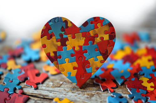 A heart-shaped puzzle piece made of colorful jigsaw pieces, surrounded by scattered puzzle pieces on a wooden surface.