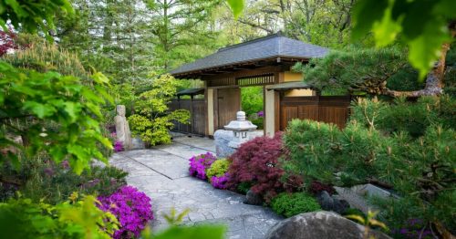 A serene garden entrance with lush greenery, colorful flowers, and a traditional wooden gate.