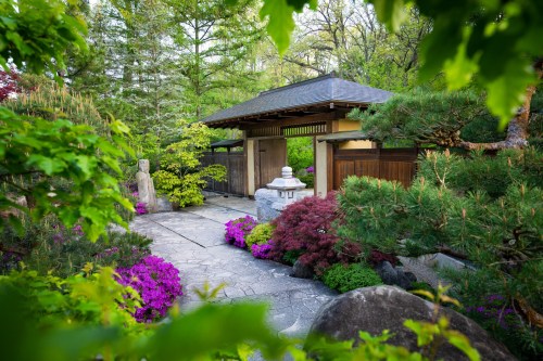 A serene garden entrance with lush greenery, colorful flowers, and a traditional wooden gate.