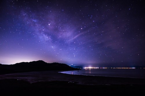 A starry night sky with a vibrant Milky Way over a dark landscape and distant city lights along the horizon.