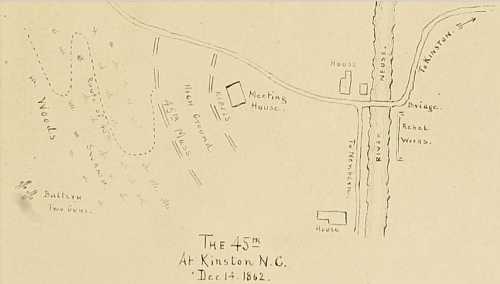 A hand-drawn map of Kinston, NC, showing locations like a meeting house, bridge, and surrounding woods, dated Dec 14, 1862.