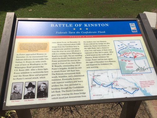 Informational sign about the Battle of Kinston, detailing troop movements and strategies during the Civil War.