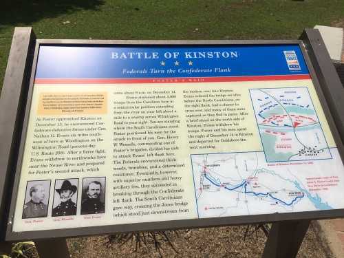 Informational sign about the Battle of Kinston, detailing troop movements and strategies during the Civil War.