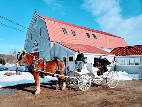 A horse-drawn carriage with two passengers in winter, parked in front of a barn with a red roof. Snow is visible on the ground.