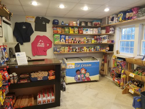 Interior of a small store featuring shelves of snacks, ice cream freezer, and various merchandise. Brightly lit and organized.