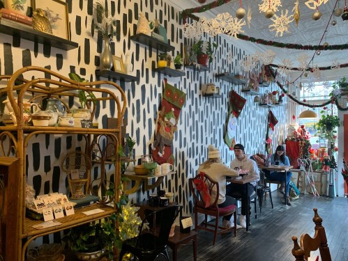 Cozy café interior with festive decorations, shelves of plants, and patrons enjoying their time at tables.