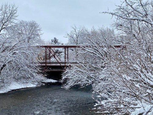A snow-covered bridge spans a river, surrounded by trees blanketed in white snow under a cloudy sky.