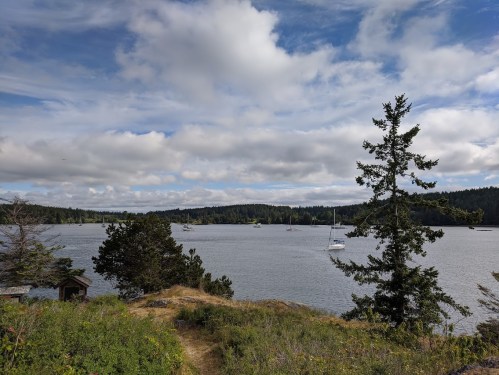 A serene view of a lake surrounded by trees and hills, with sailboats gently floating on the water under a cloudy sky.